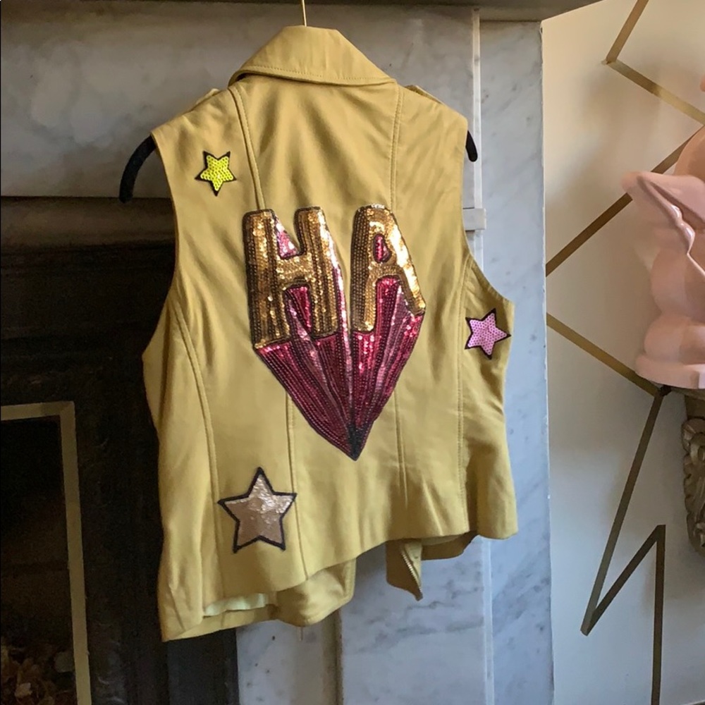 100% real yellow leather hand embellished vest S